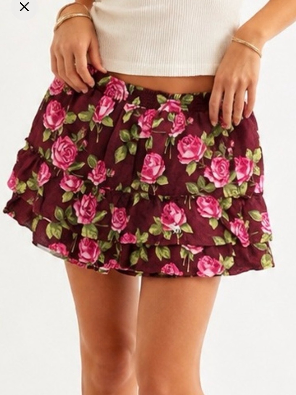 Y2K VTG Abercrombie Floral Tiered ruffle Mini Skirt Burgundy Rose Boho Size M